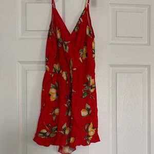 Red Lemon Print Romper with pockets